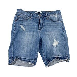 Realm Womens Denim Bermuda Shorts Sz 28 Raw Hem Stretch Mid Rise Medium Blue